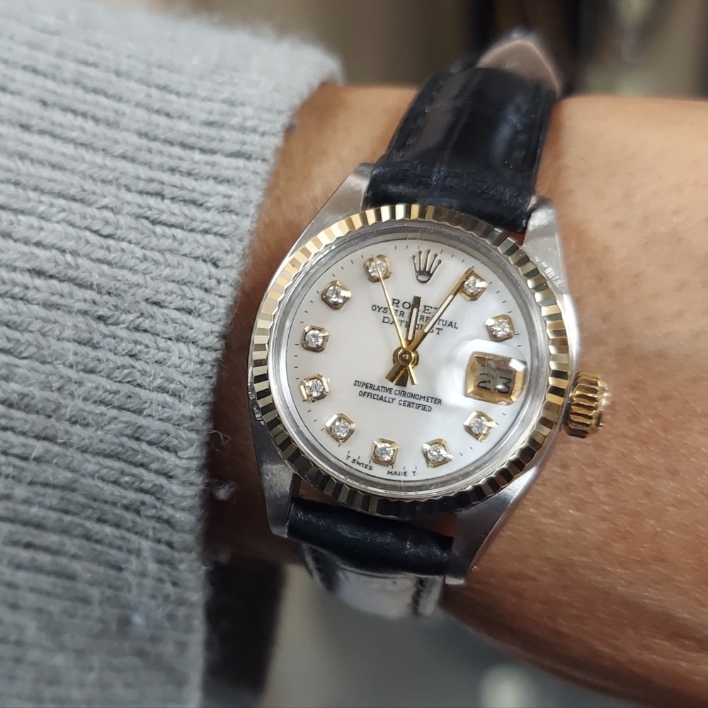 Rolex Ladies 26mm Datejust MOP Diamond fluted on leather strap